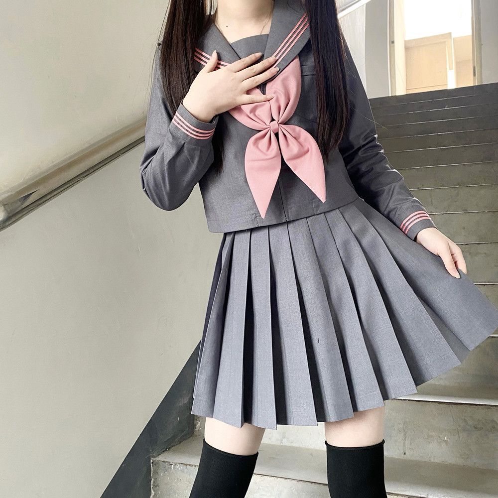 Grey powder three long sleeves   skirt   pink goldfish knot