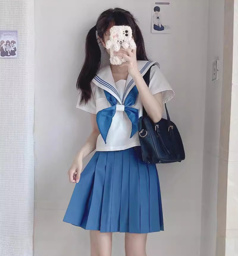 White dress blue three short sleeves   blue pleated skirt 43  triangle scarf ring buckle