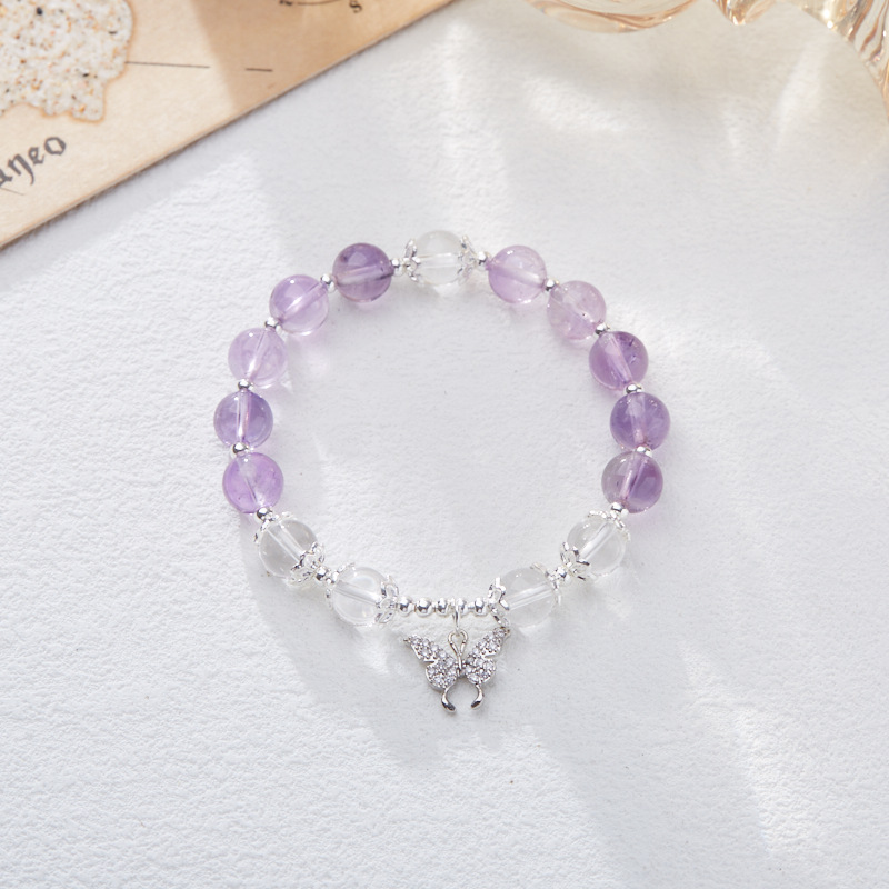 10MM purple jade white crystal butterfly bracelet