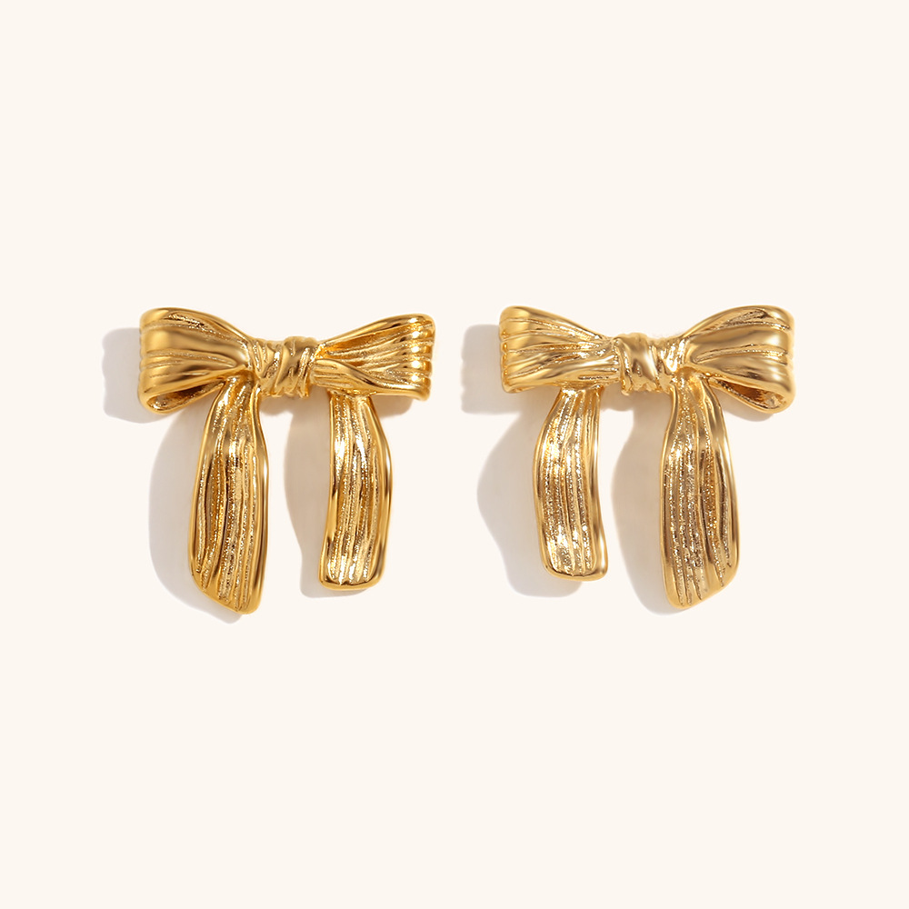 Bow ribbon vertical stud earrings - Gold