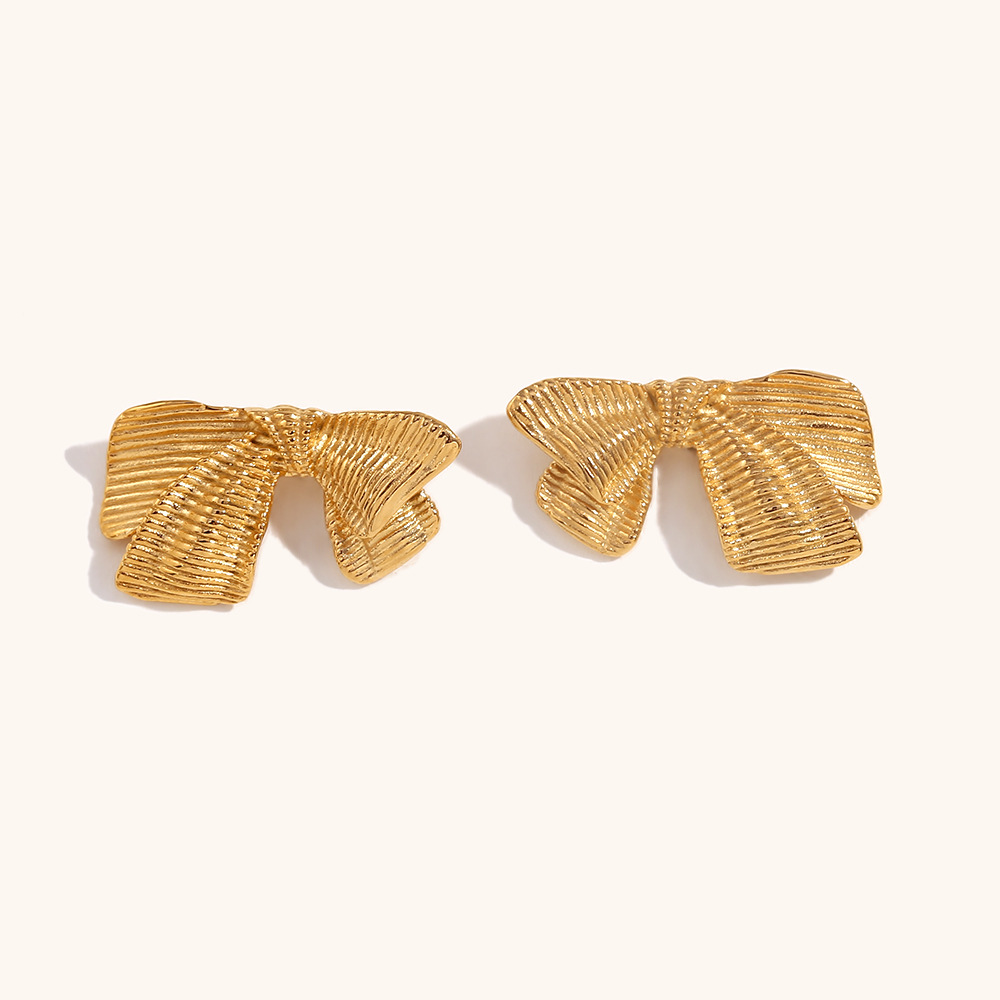 1:Ribbon bow Wide stud earrings - Gold