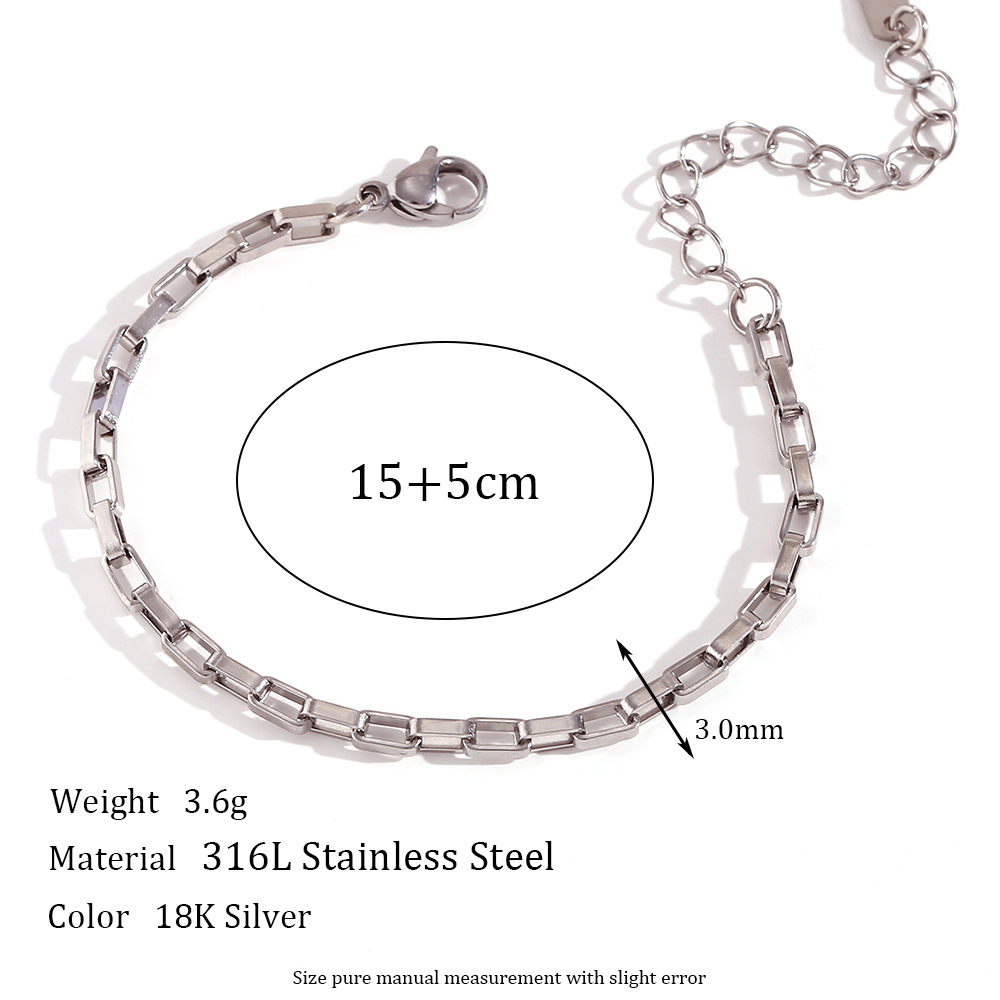 3mm long box chain - Steel bracelet -15cm+5cm