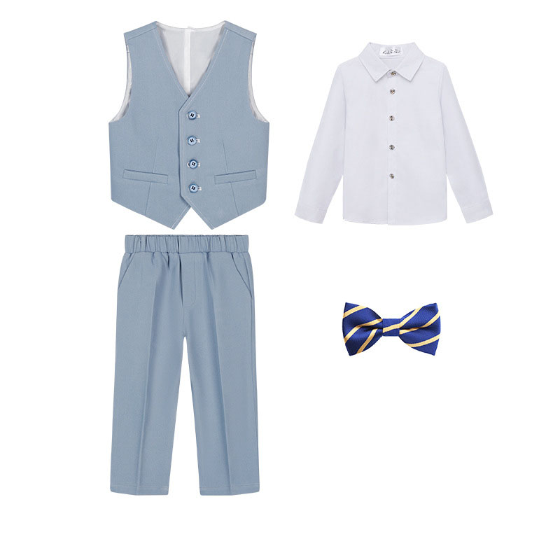 Grey Blue 4-piece set (Long sleeve shirt , vest , trousers and bow tie)