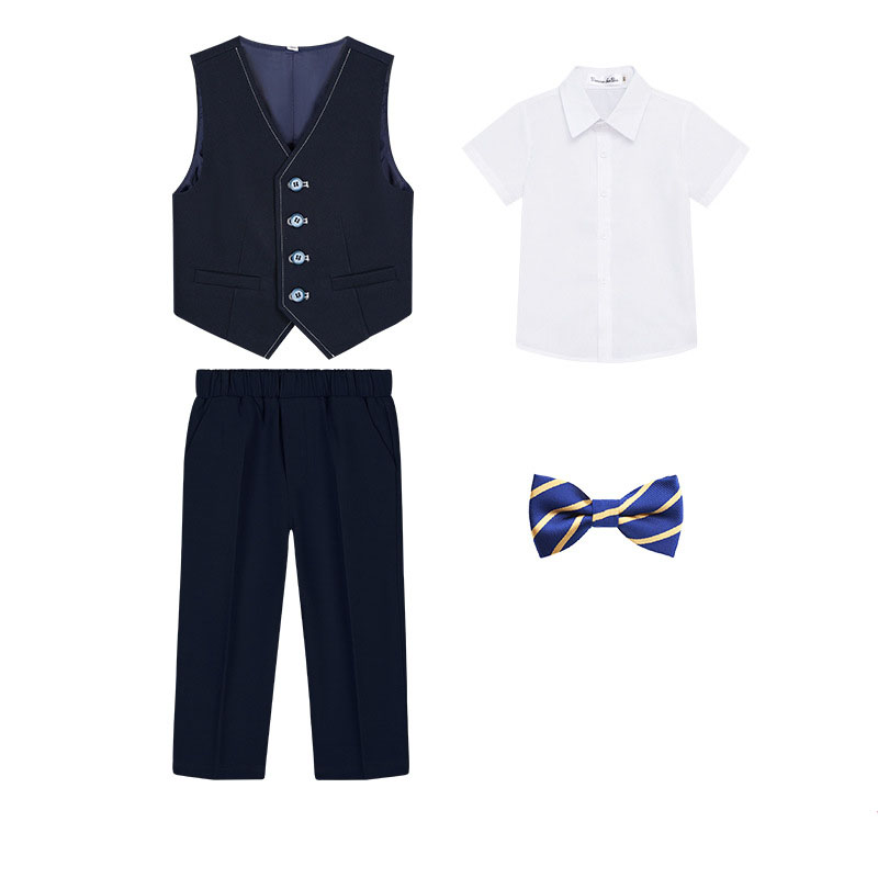 Navy Blue 4-piece set (Short sleeve shirt , vest , trousers and bow tie)