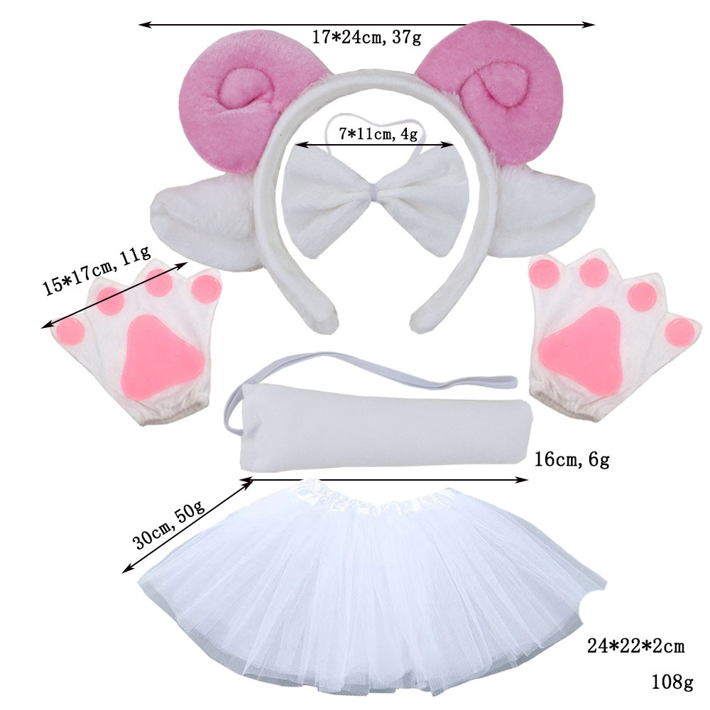 Pink fur roll sheep horn three piece set white gloves white gauze skirt