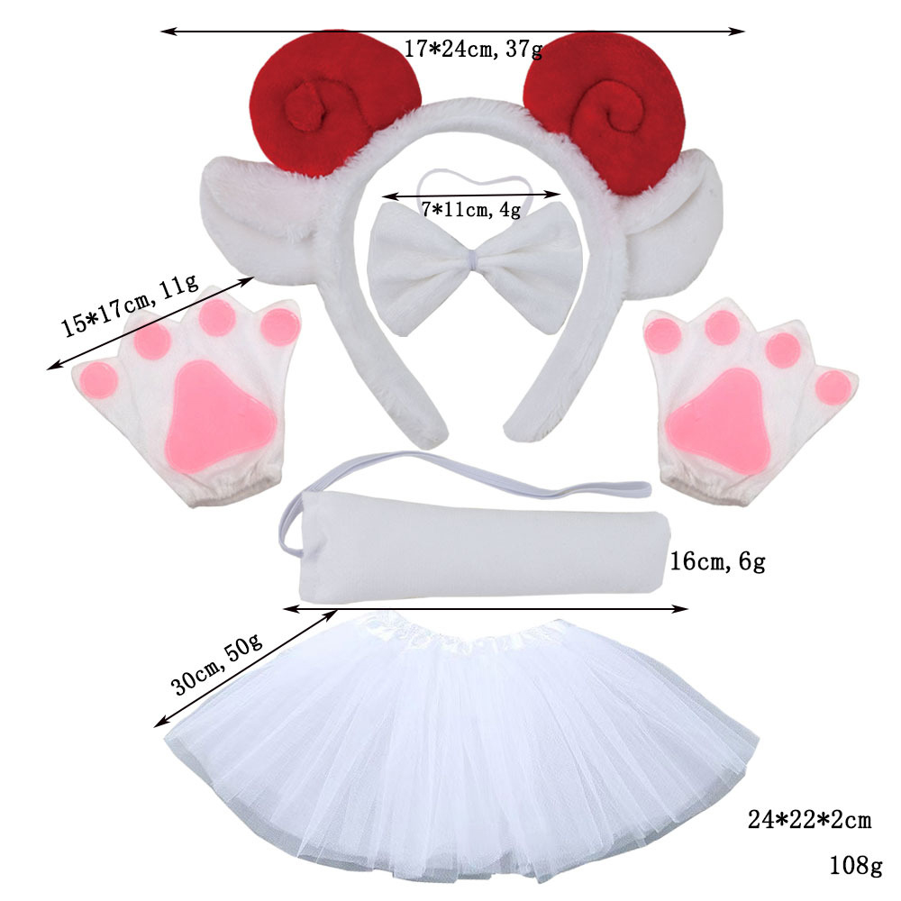 Red fur roll sheep horn three piece set white gloves white gauze skirt