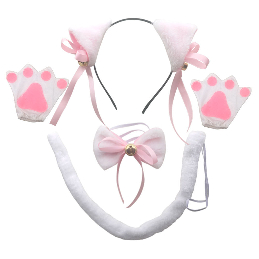 Iron head buckle fur bell white cat ear three piece set white gloves