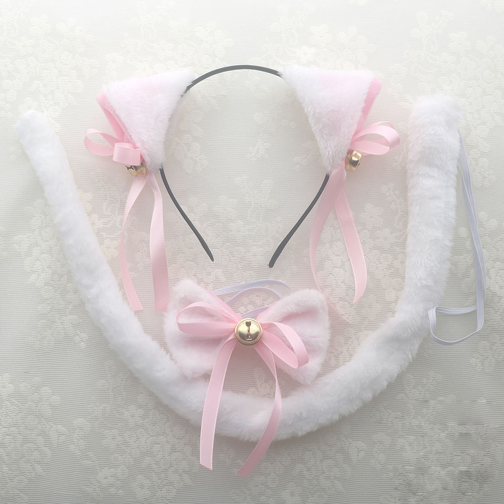 Iron head buckle fur bell white cat ear three piece set