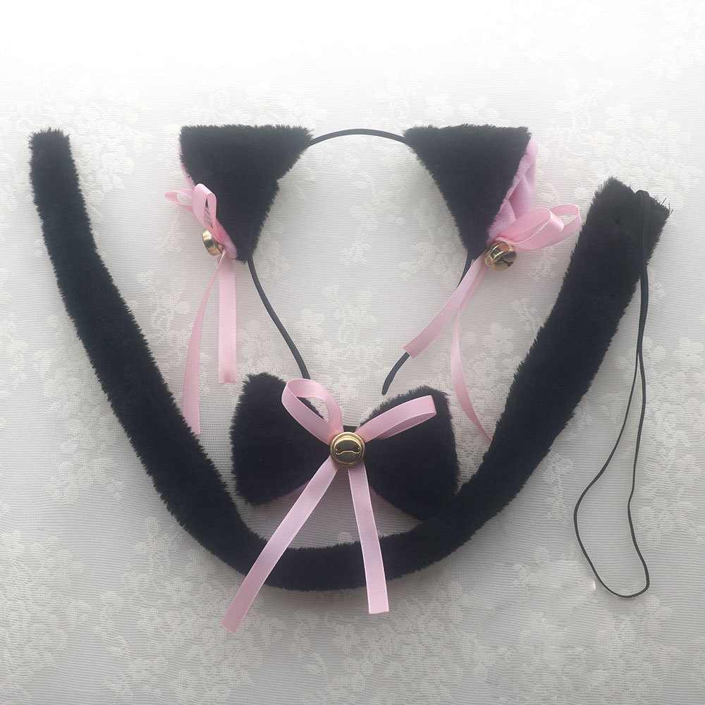 Iron head buckle fur bell black cat ear three piece set