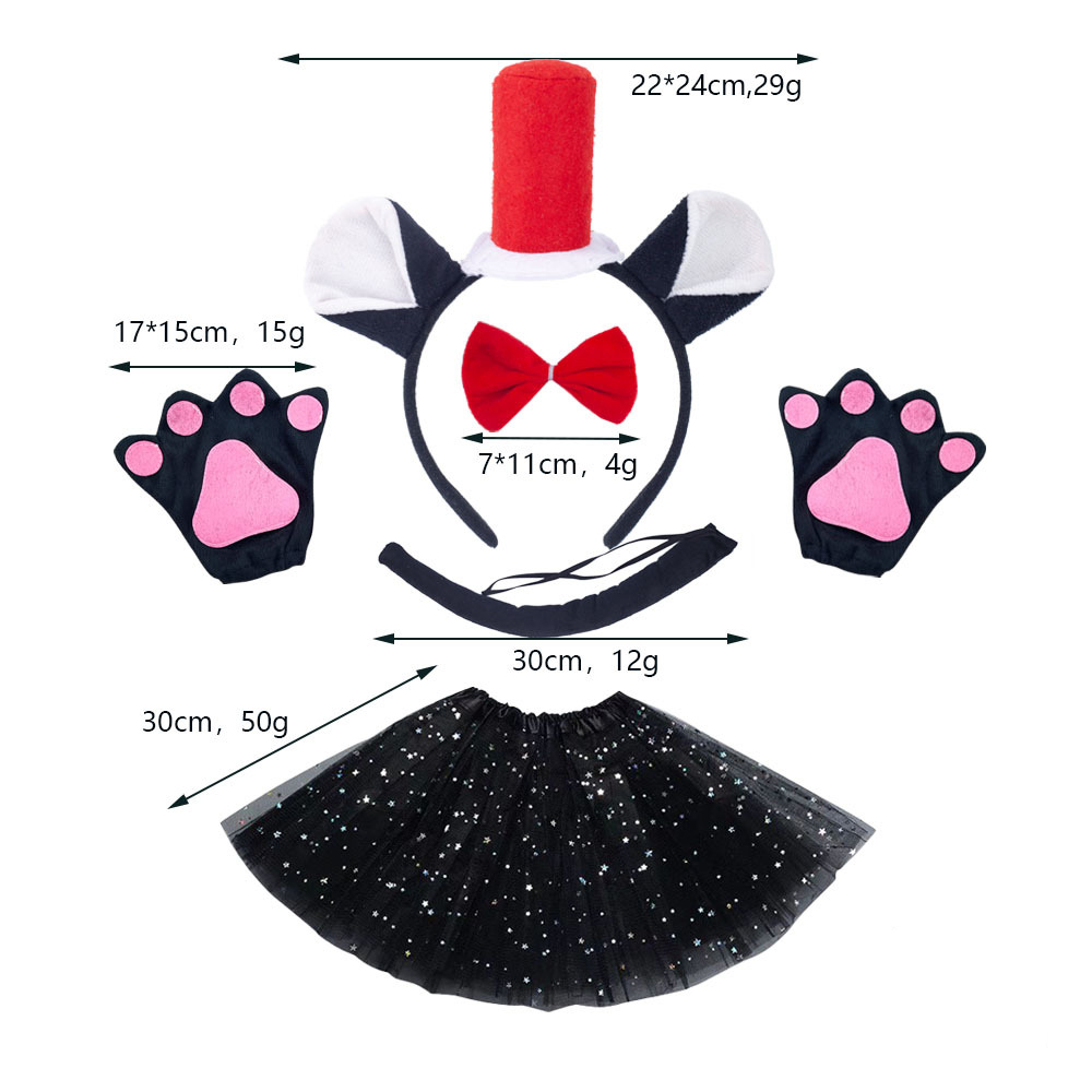 Three piece set with red hat, black cat, black gloves, and black star gauze skirt