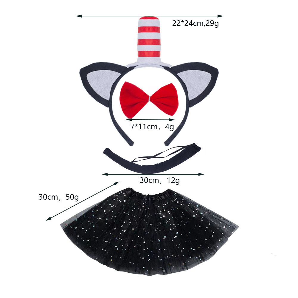 Three piece set with red and white striped hat and black cat black star gauze skirt