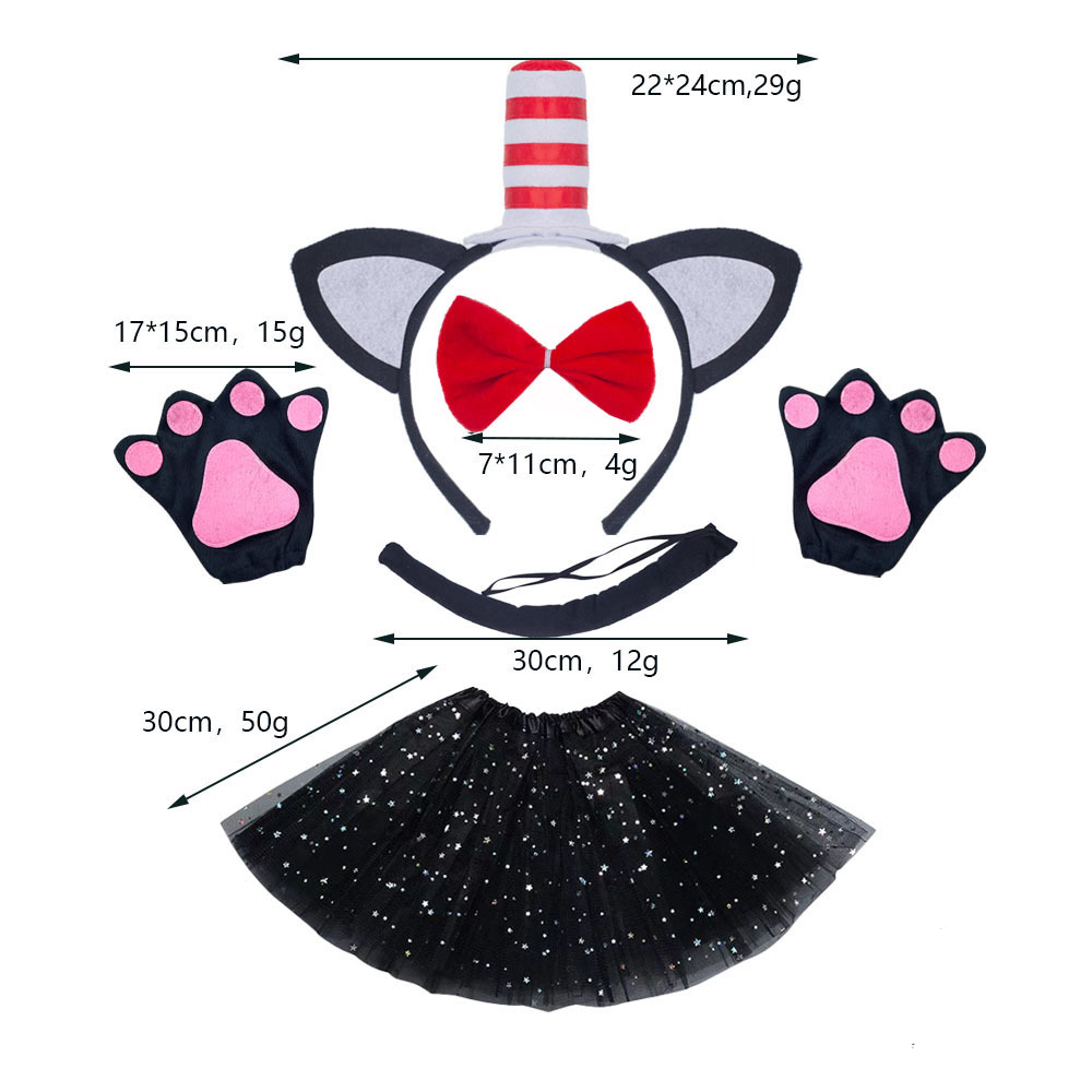 Three piece set with red and white striped hat, black cat, black gloves, and black star gauze skirt