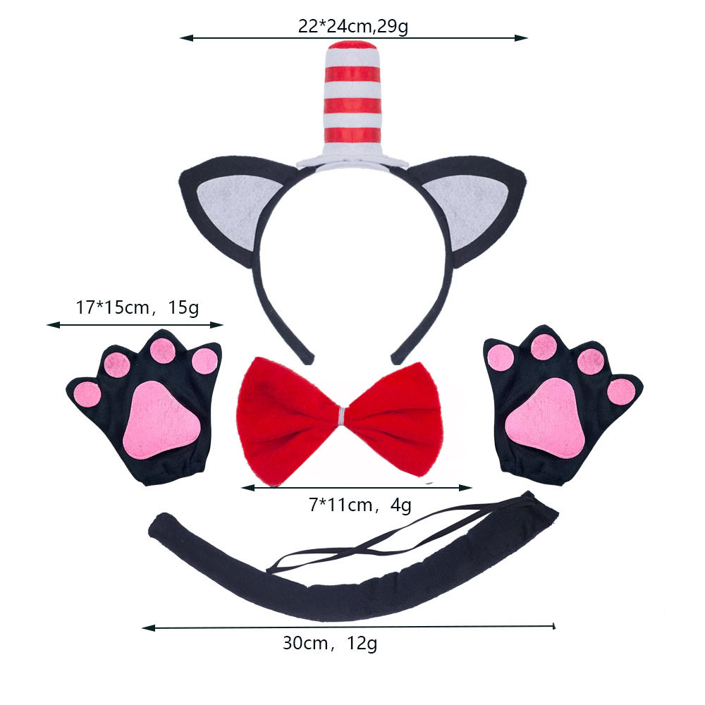 Three piece set with red and white striped hat, black cat, and black gloves