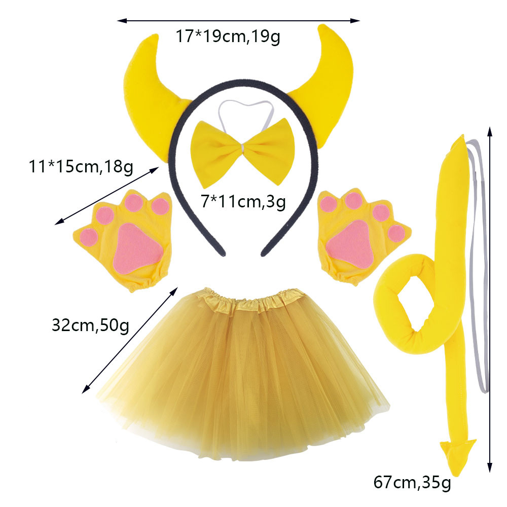 Black and yellow cow horn three piece set yellow gloves gold gauze skirt