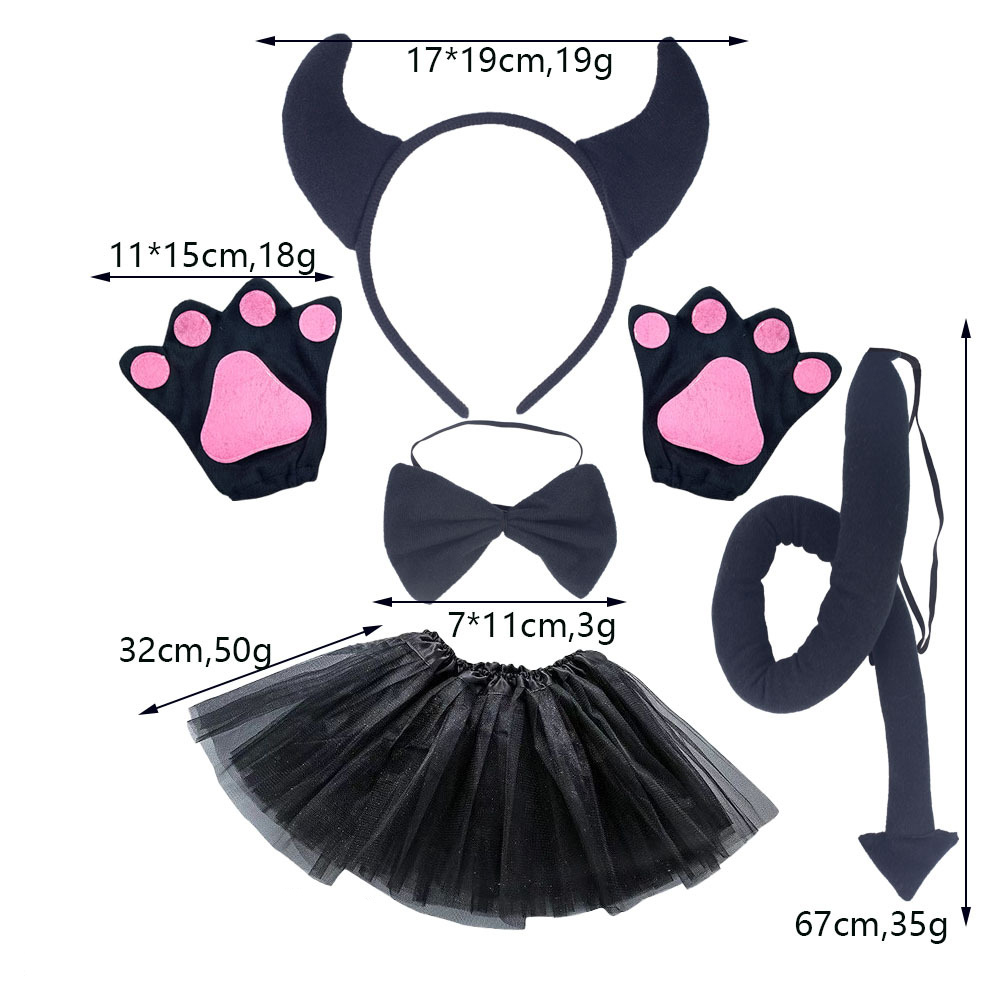 Black Bull Horn Three Piece Set Black Gloves Black Yarn Skirt