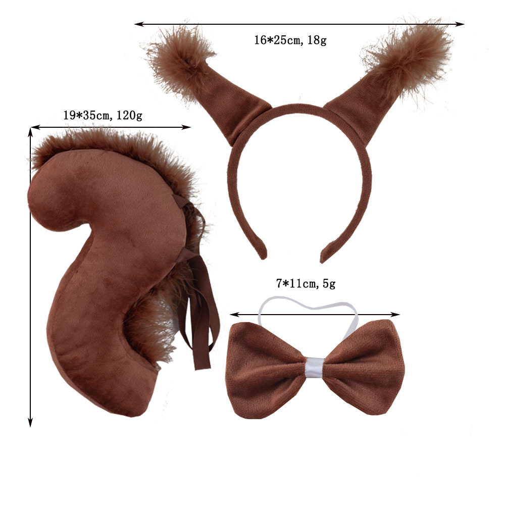 Super Soft Coffee Squirrel Ears 3-Piece Set with Hairy Strips