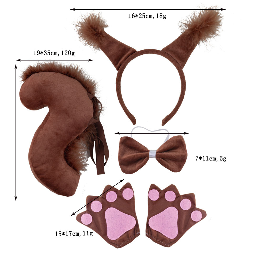 Super Soft Coffee Squirrel Ears 3-Piece Set with Hair Strips Coffee Gloves