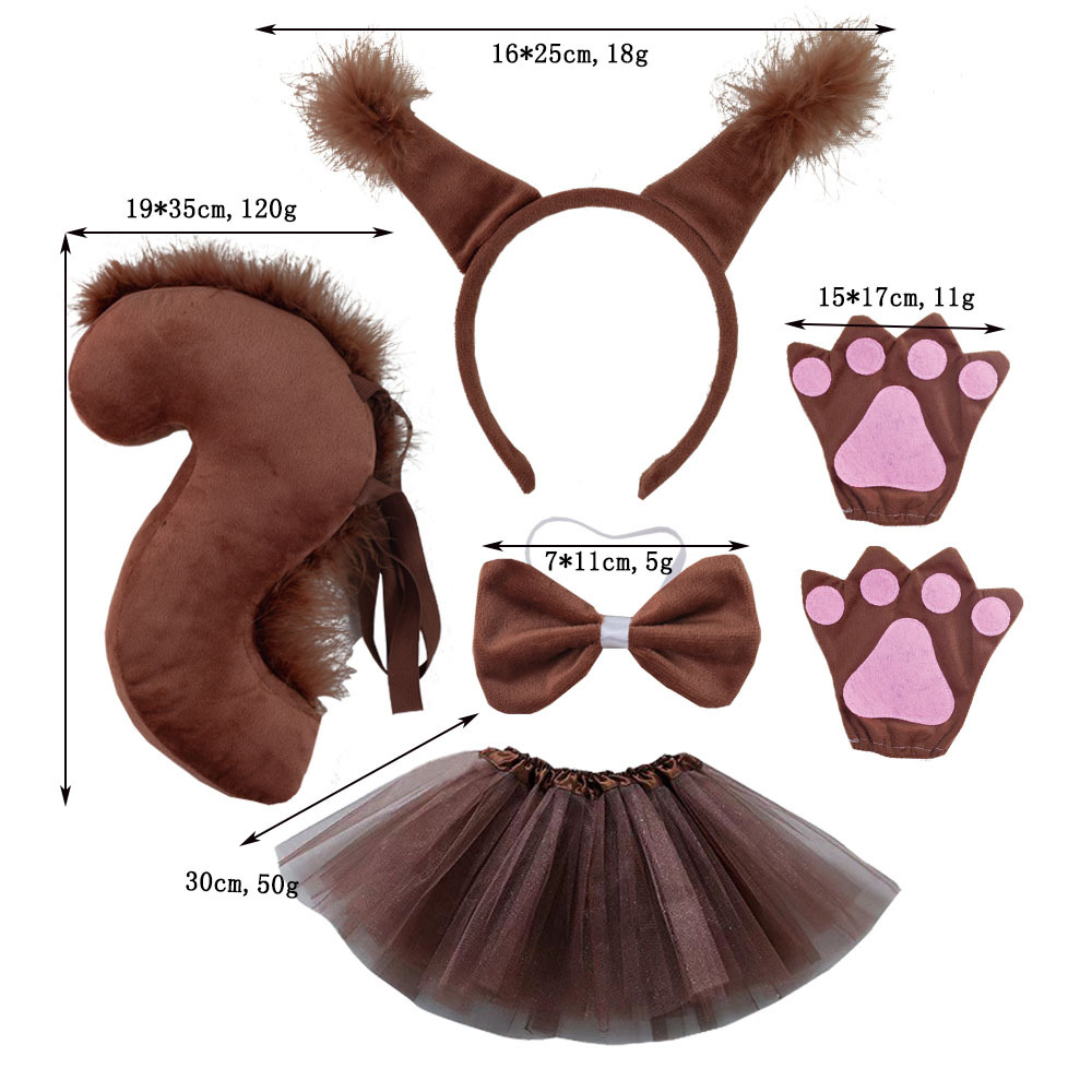 Super Soft Coffee Squirrel Ear Set with Hairy Strips, Coffee Gloves, and Coffee Yarn Skirt