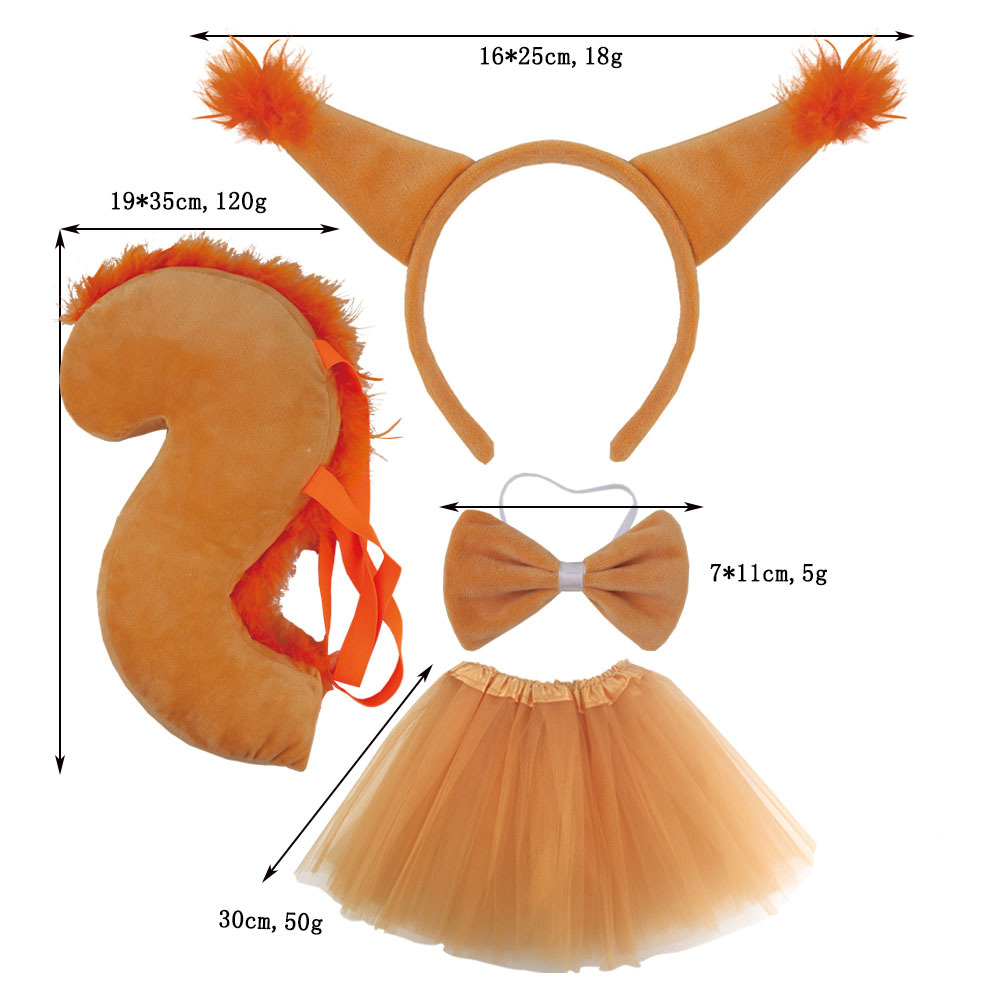 Super soft earth yellow with fur strips squirrel ears three piece set light brown gauze skirt