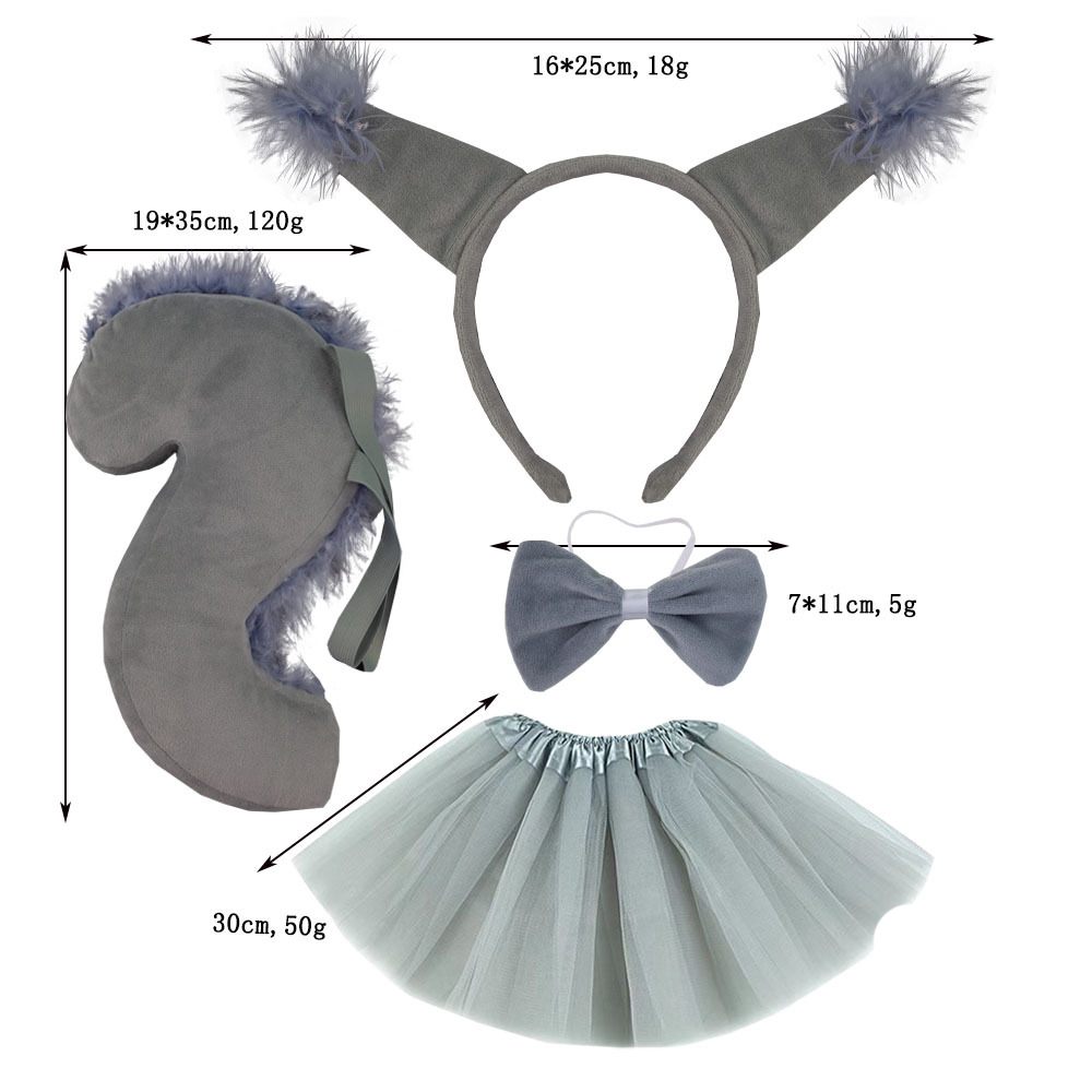 Super soft gray squirrel ear three piece set with fur strips and grey gauze skirt