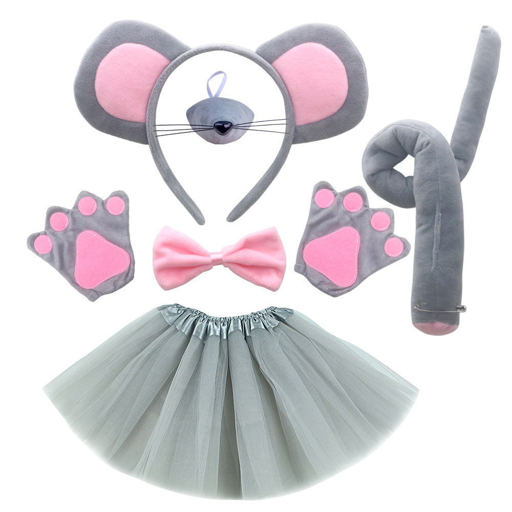 Super Soft Grey Mouse 4-piece Set (Pink Tie) Grey Gloves Grey Yarn Skirt