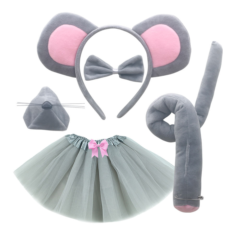 Super Soft Grey Mouse 4-piece Set Pink Bow Grey Yarn Skirt