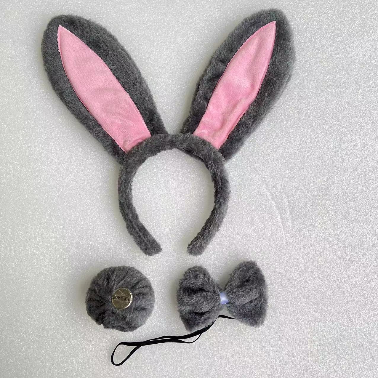 Fur powder patch gray rabbit ears tie buckle tail