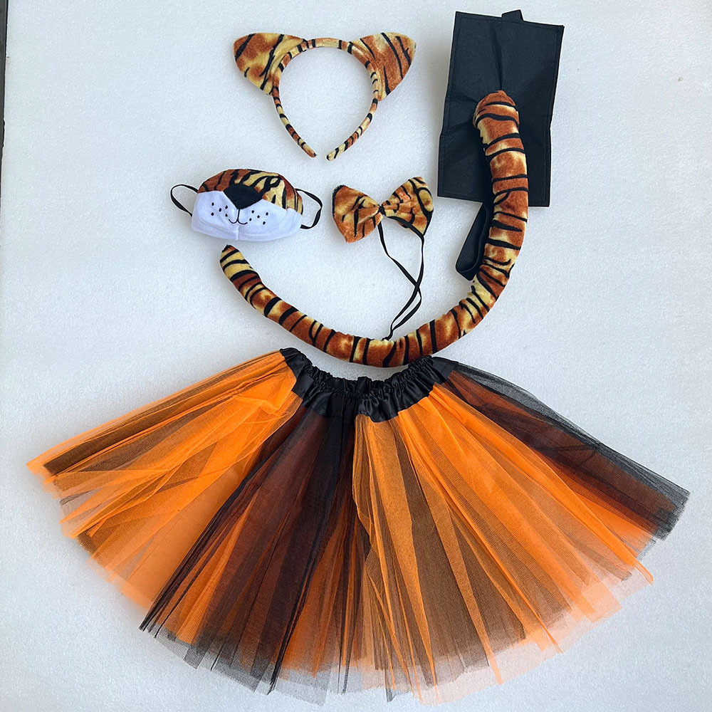 Sponge gold velvet tiger ear four piece set 55CM felt tail orange black gauze skirt