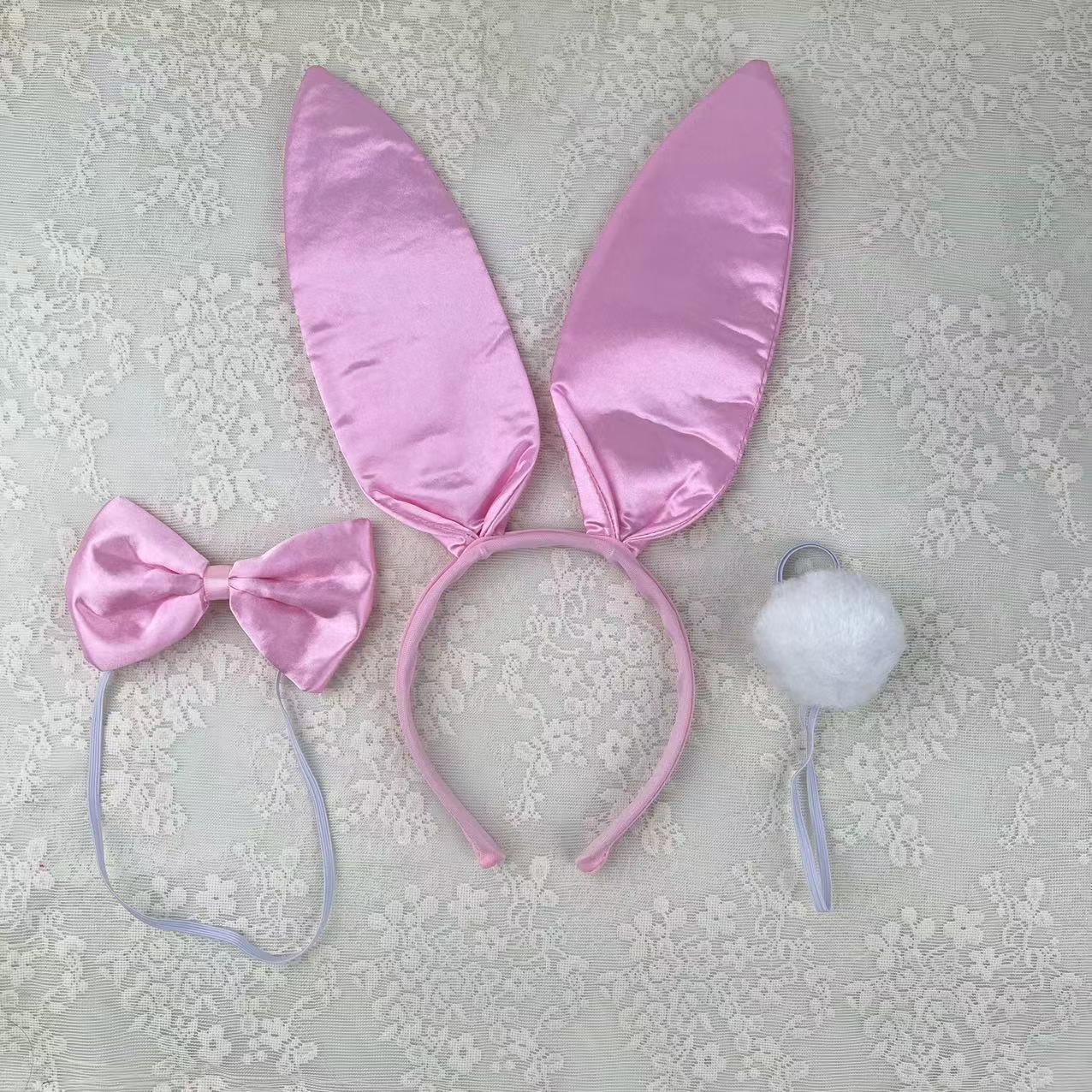 Flat Pink Ding Rabbit Ear Three Piece Set (Ears Bow Tie Tail)