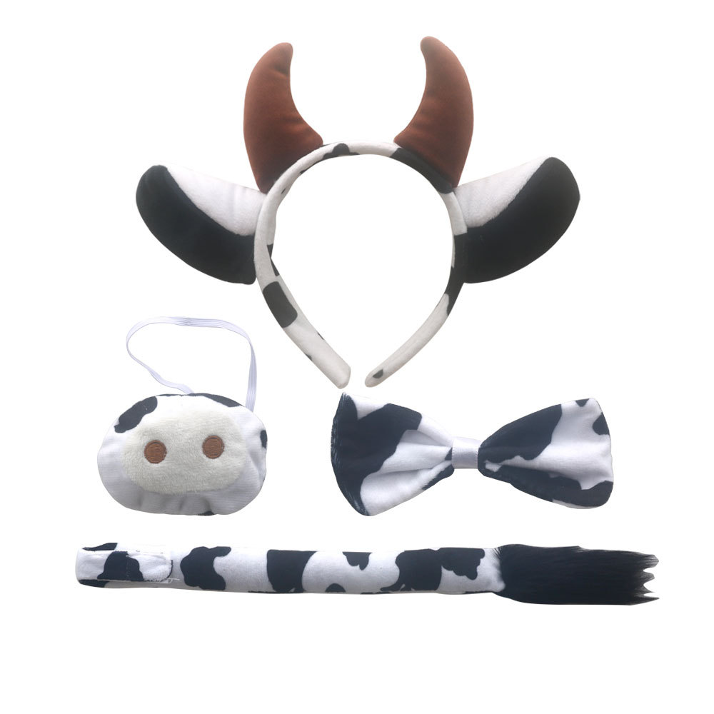 Super Soft Black and White Ear Coffee Horn Cow 4-piece Set (Velcro with Hairy Tail)