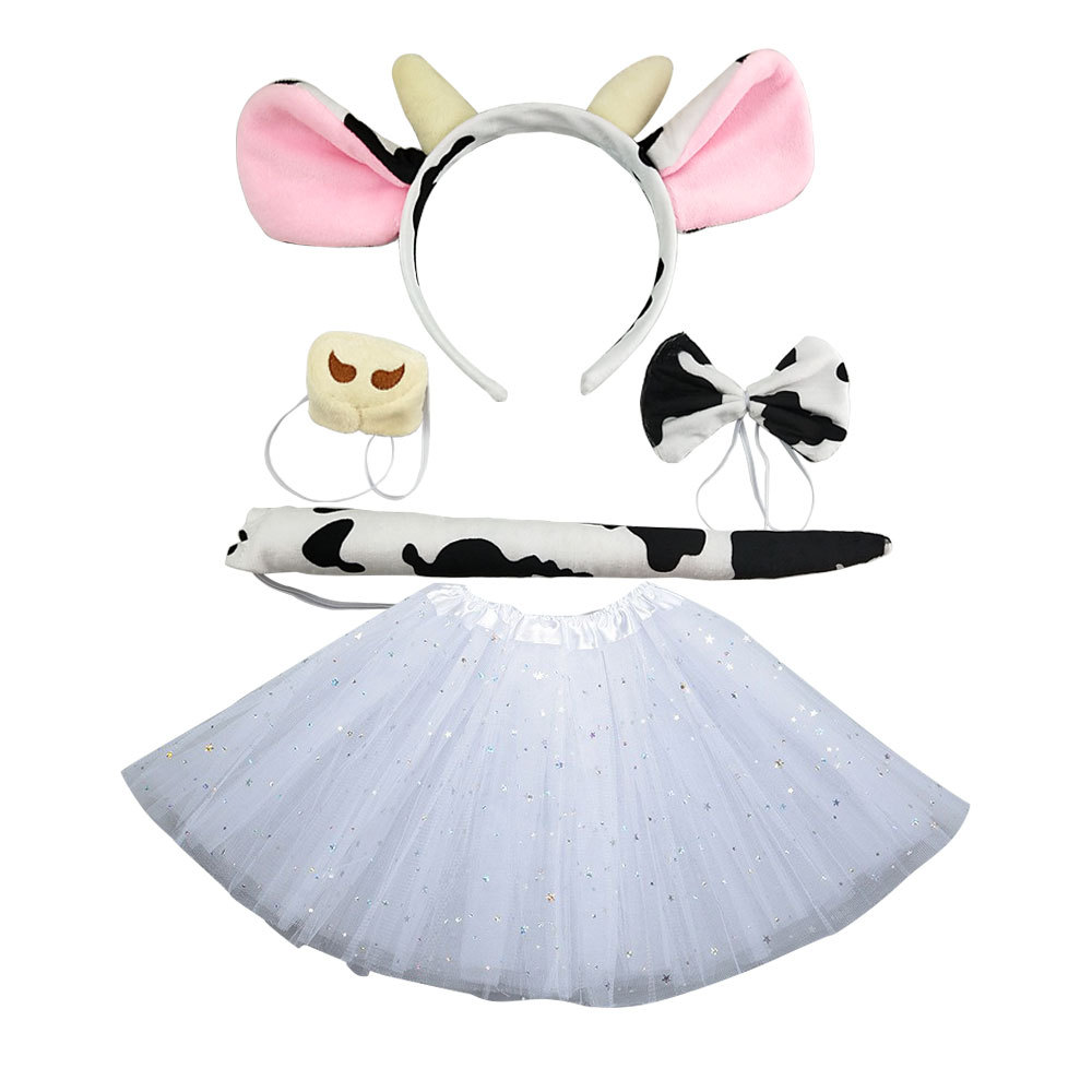 Super soft cow 4-piece set with horns white star gauze skirt