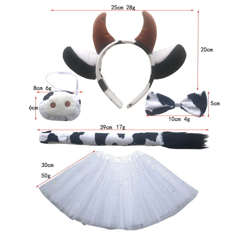 Super soft black and white ear coffee horn cow 4-piece set (Velcro with furry tail) white star gauze skirt