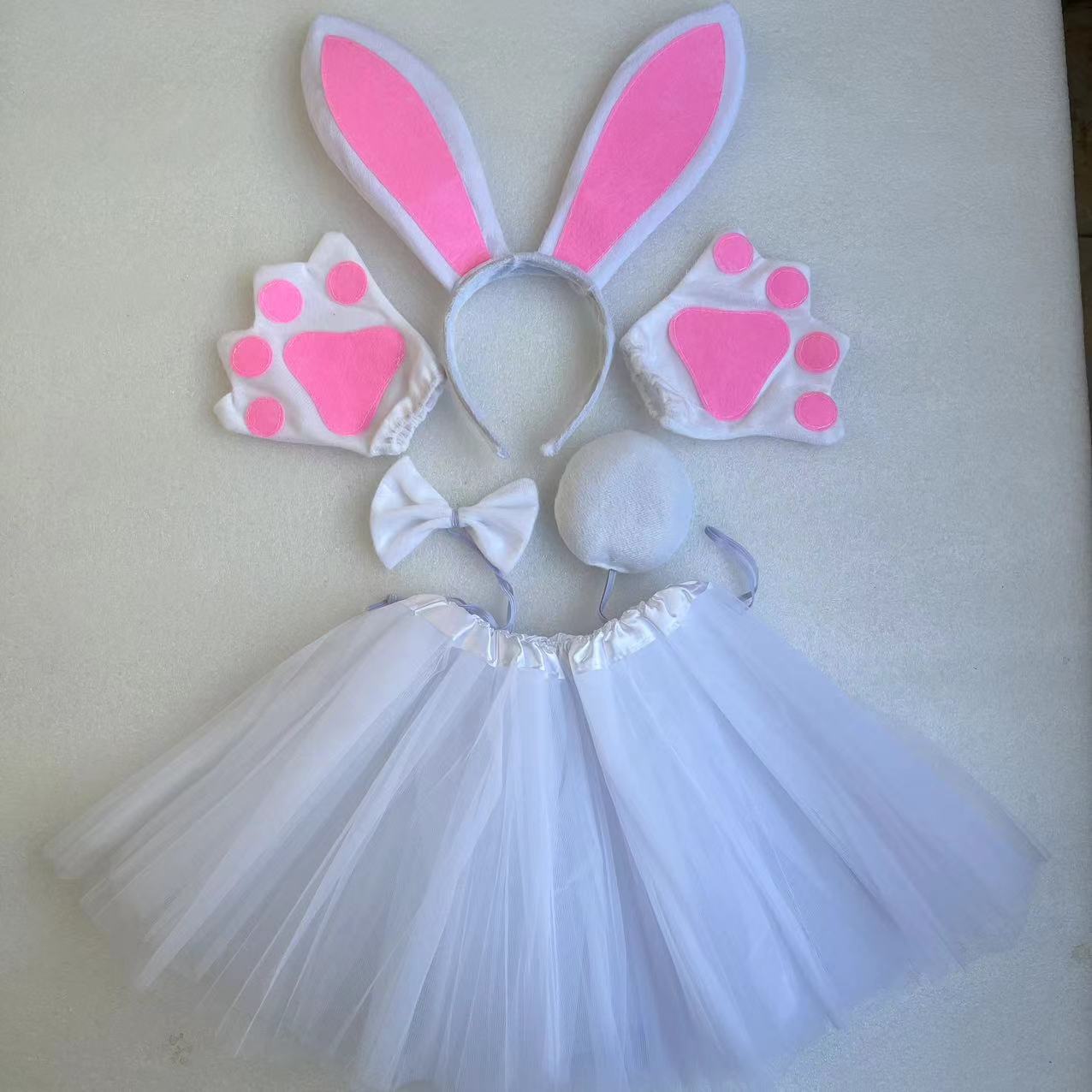 Pink and white long eared rabbit three piece set gloves white gauze skirt