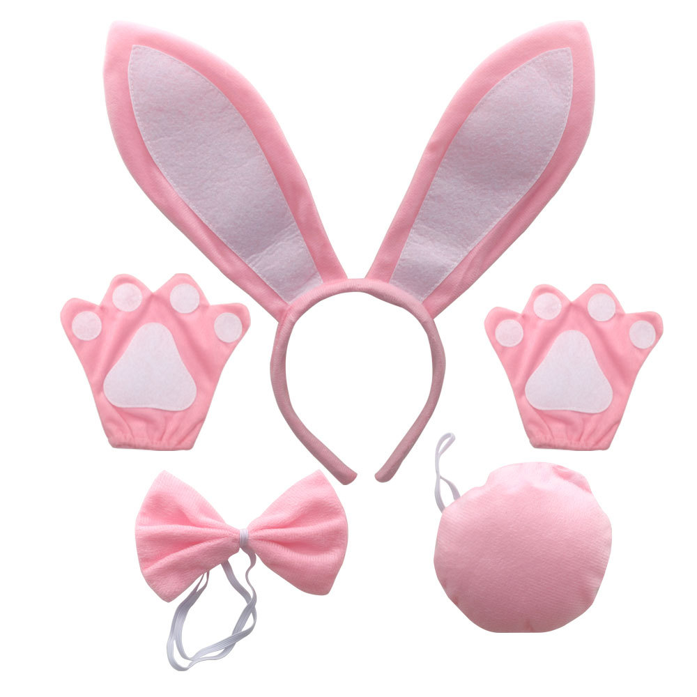 White and pink long eared rabbit three piece set pink gloves