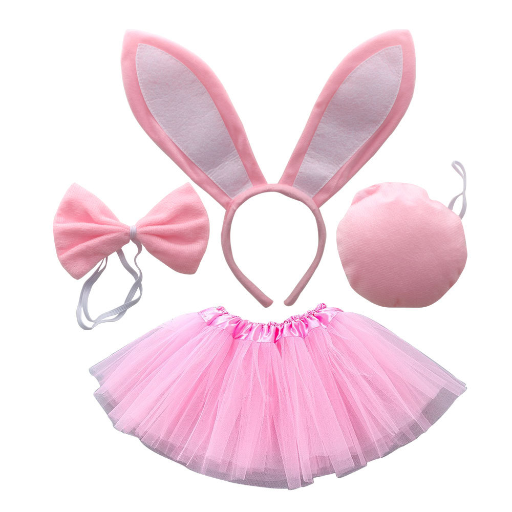 White and pink long eared rabbit three piece set pink chiffon skirt