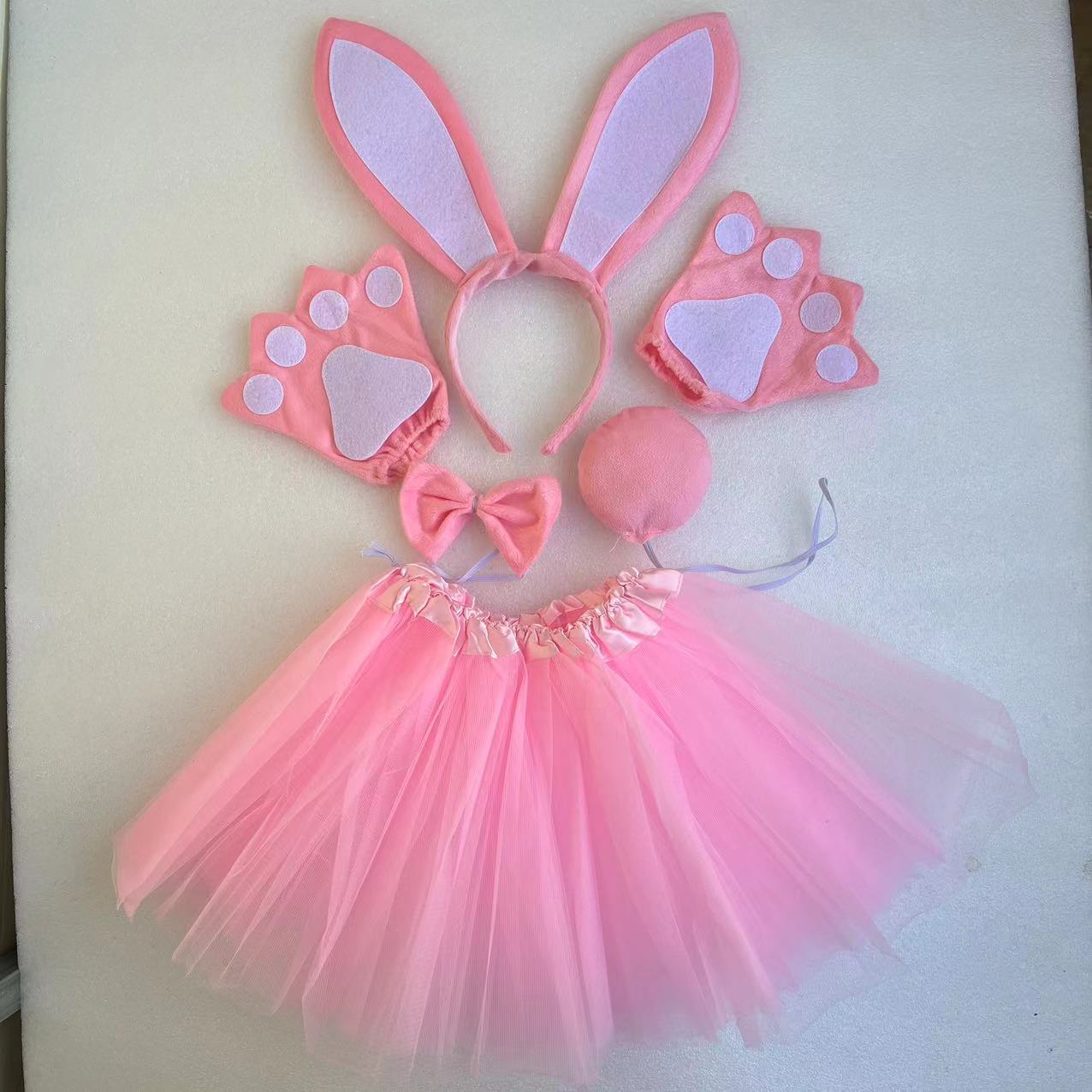 White and pink long eared rabbit three piece set pink gloves pink gauze skirt