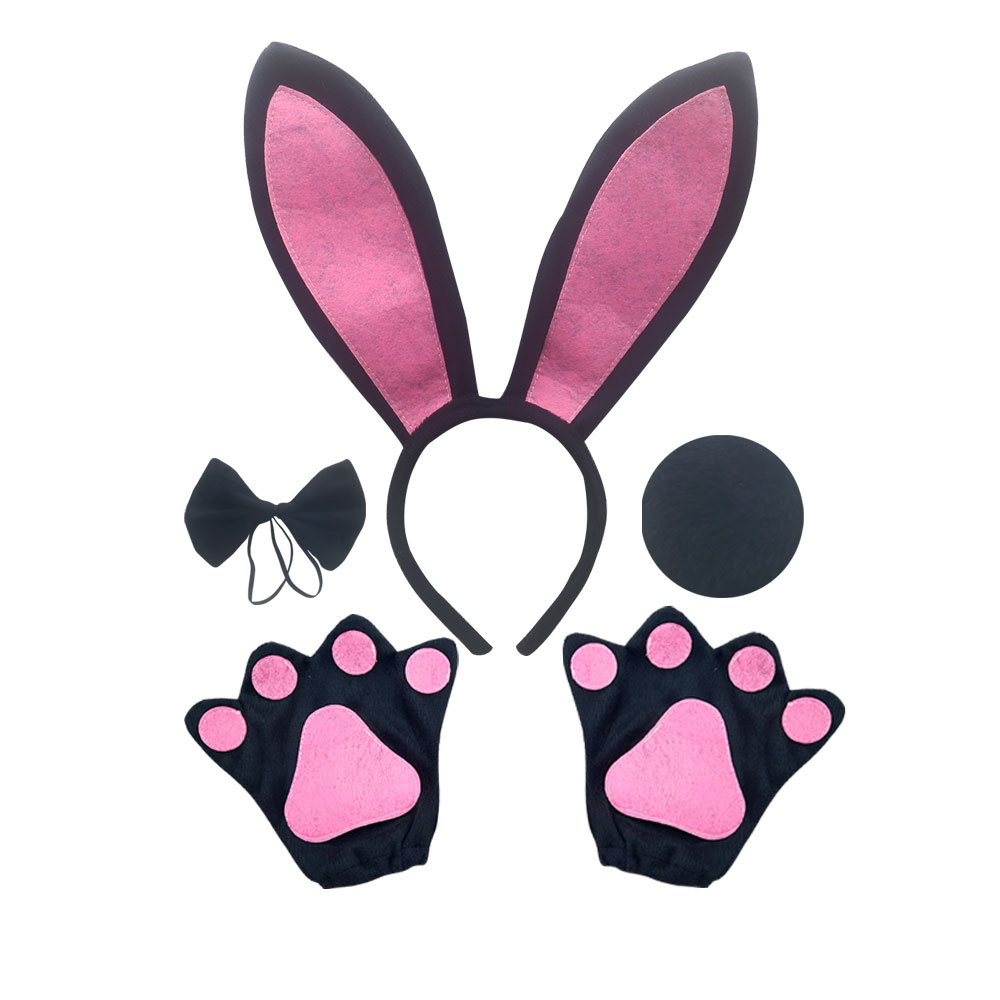 Powder black long eared rabbit three piece set black gloves