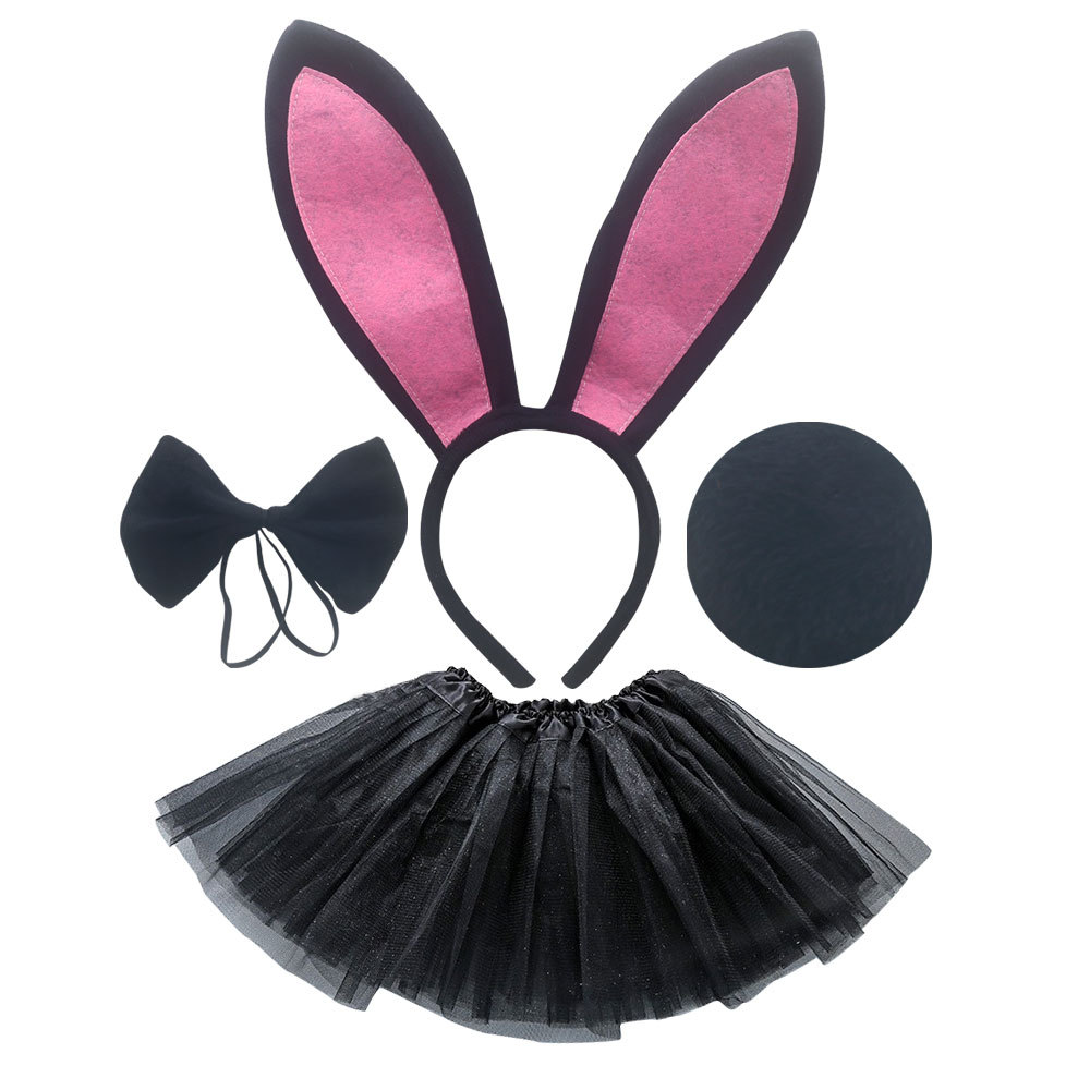 Pink black long eared rabbit three piece set black gauze skirt