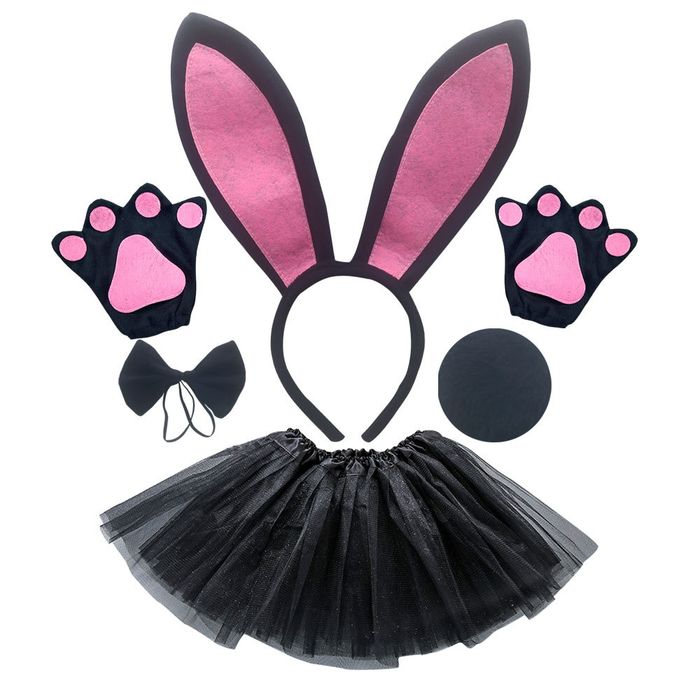 Powder black long eared rabbit three piece set black gloves black gauze skirt