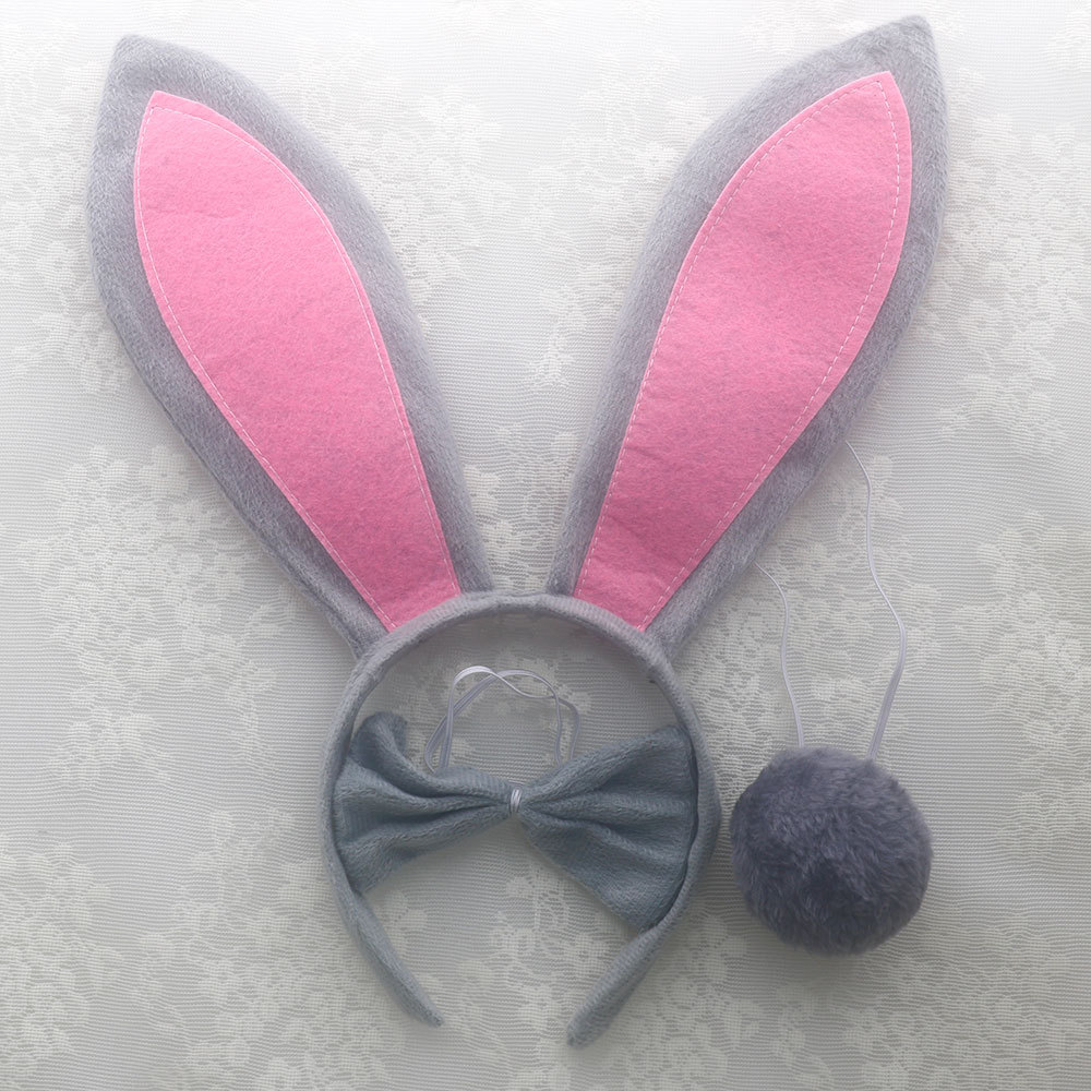 Pink gray long eared rabbit three piece set