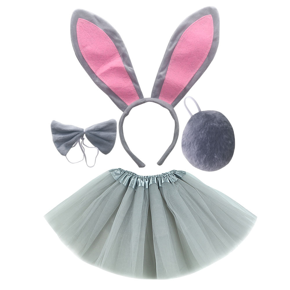 Pink gray long eared rabbit three piece set gray gauze skirt