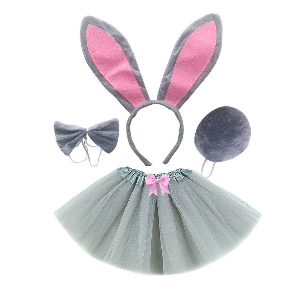 Pink gray long eared rabbit three piece set gray gauze skirt with bow tie