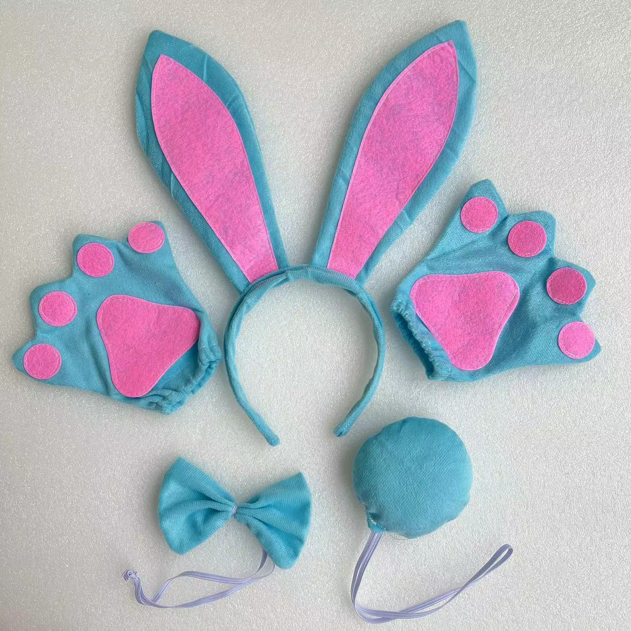 Pink Sky Blue Long Ear Rabbit Three Piece Set Sky Blue Gloves