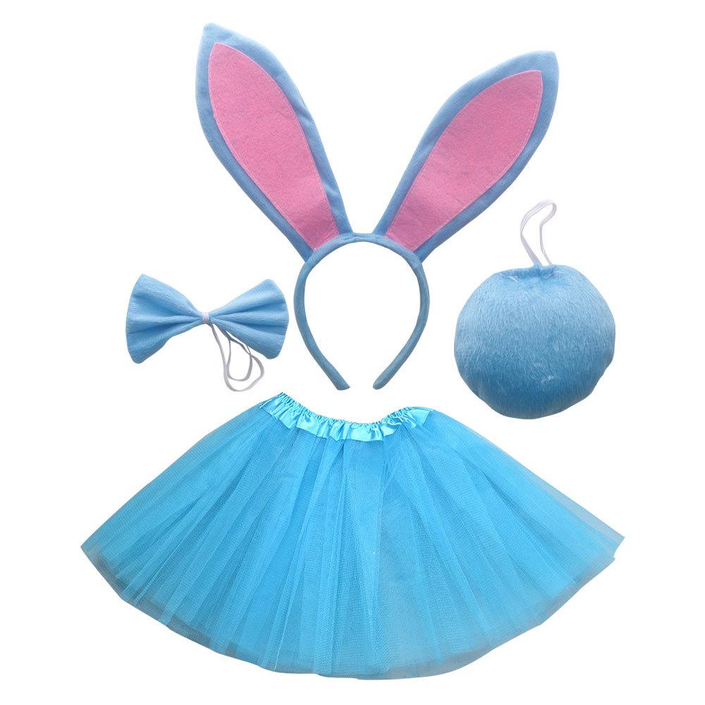 Pink sky blue long eared rabbit three piece set sky blue gauze skirt