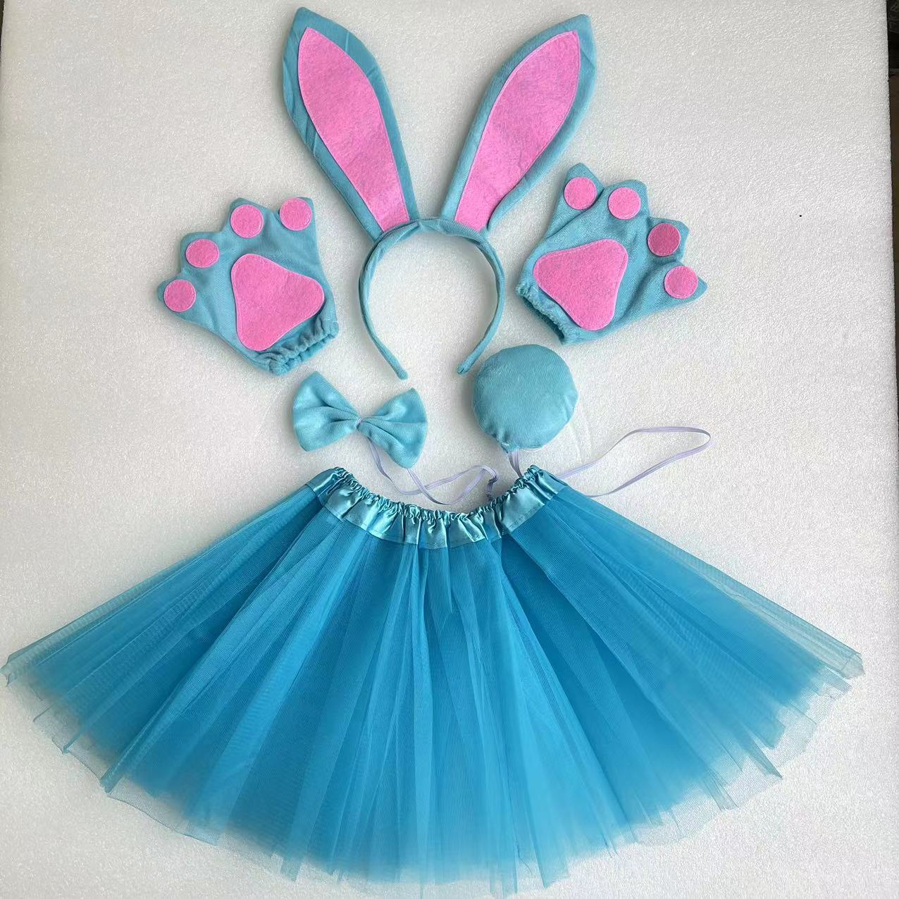 Pink Sky Blue Long Ear Rabbit Three Piece Set Sky Blue Gloves Sky Blue Yarn Skirt