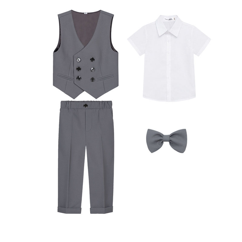 Gray 4-piece set (Short sleeve shirt , vest , trousers and bow tie)