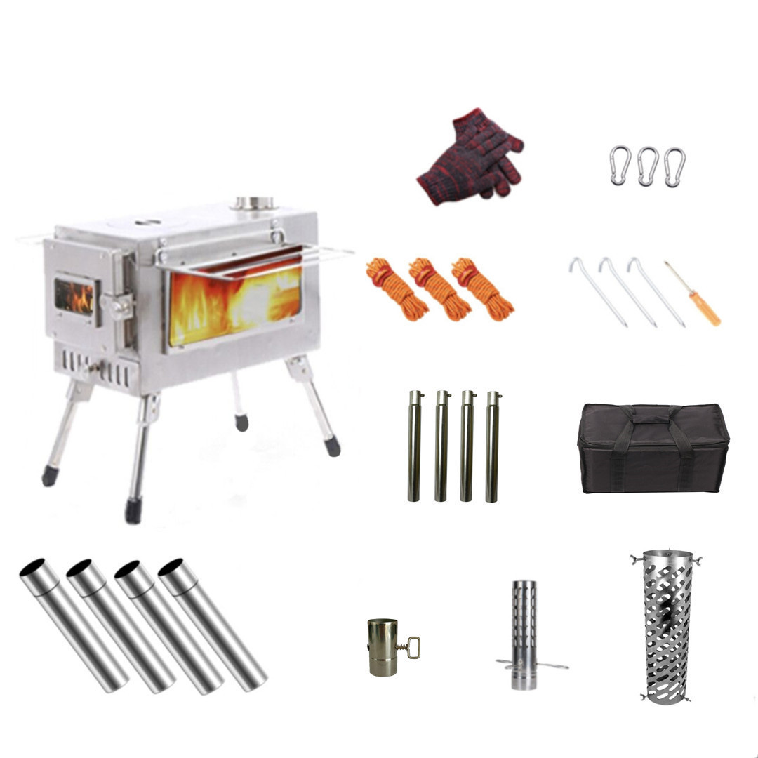 Small stainless steel tent stove set