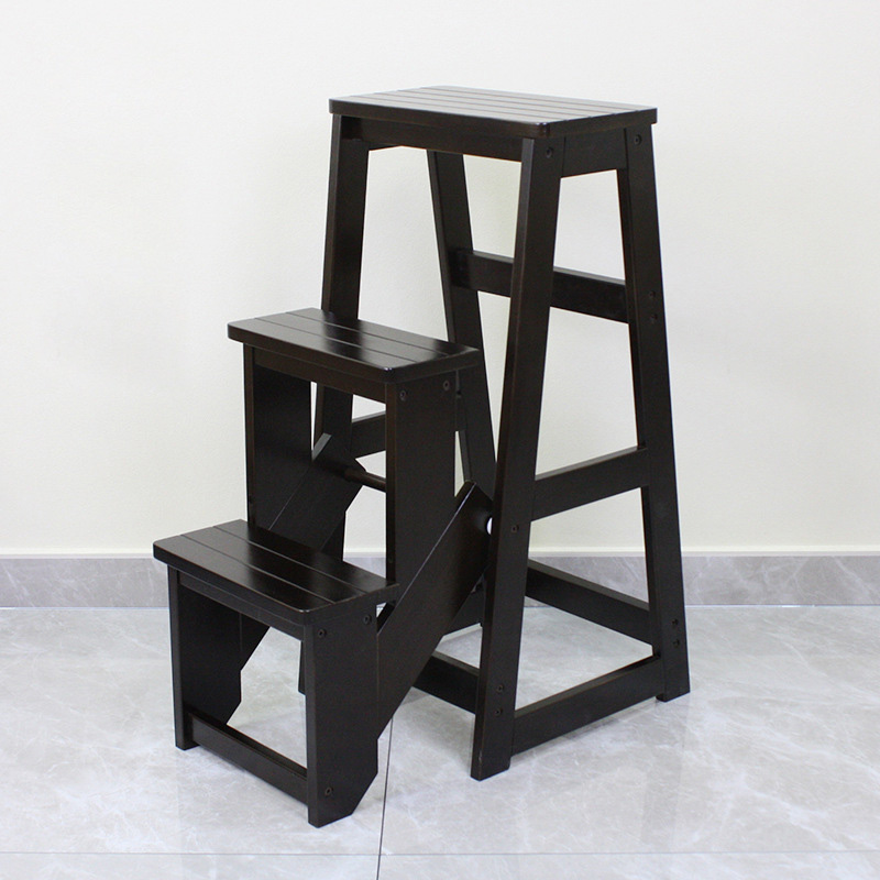 All solid wood enhanced three-layer ladder stool - black coffee color