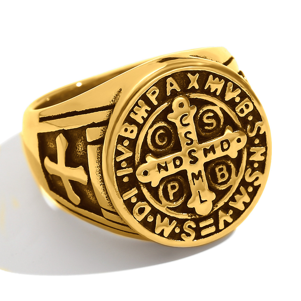 Vintage cross alphabet Mens ring - Gold 9