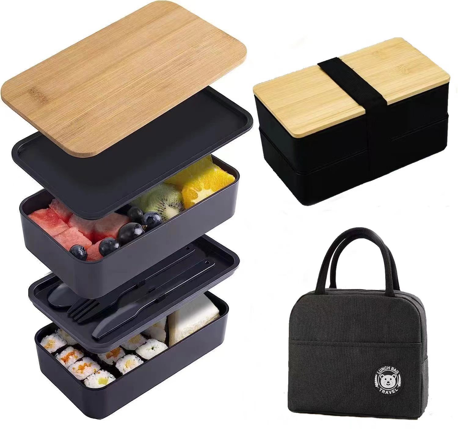 Black double-layer lunch box (including thermal bag with pattern)